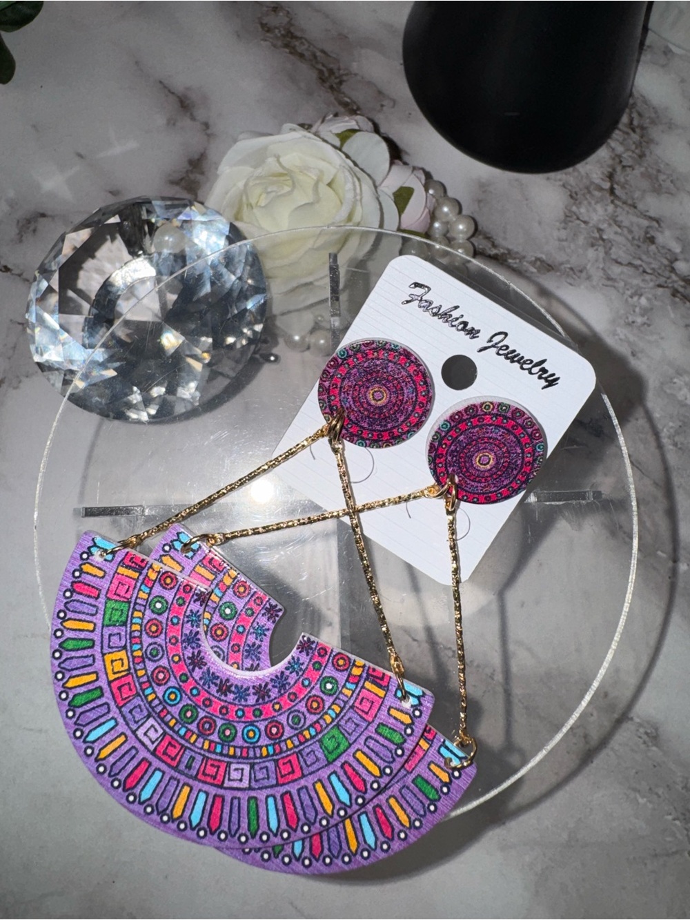 Fashion Jewelry Pink and Purple Mandala Statement Drop Earrings